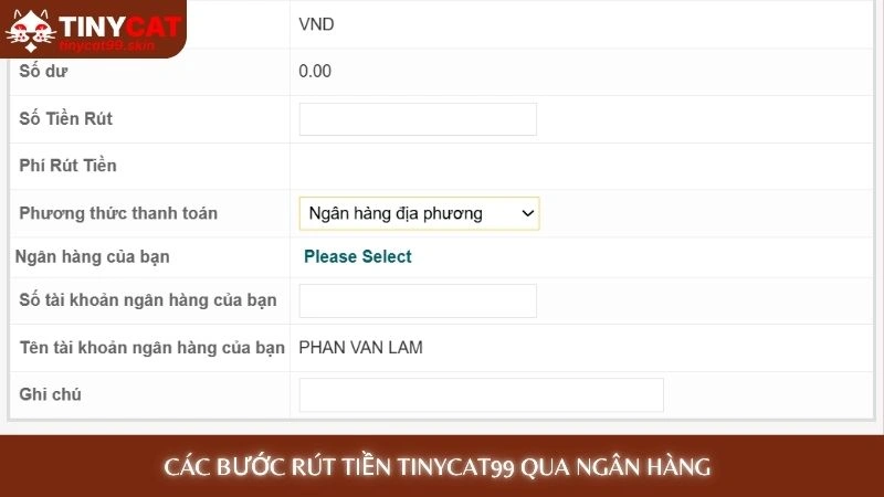 Các bước Rút tiền Tinycat99 qua ngân hàng 